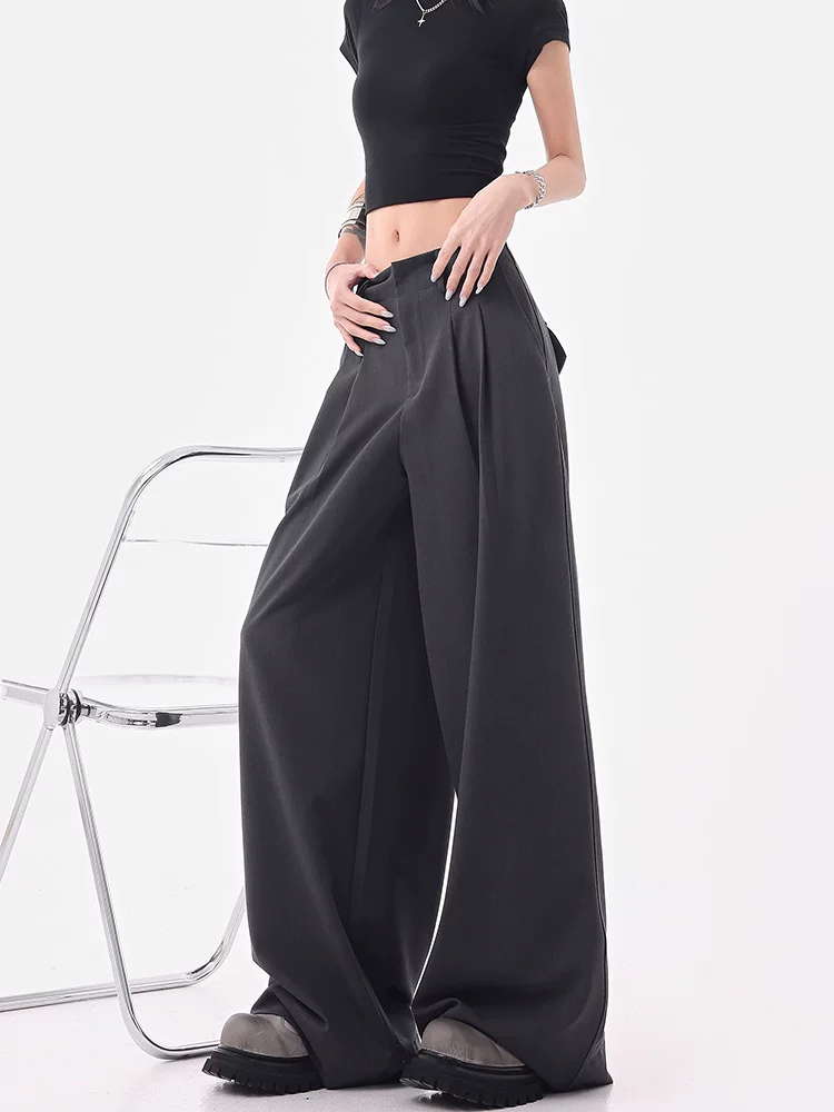 KEN STUDIO mùa hè mới màu xám thường ngày quần âu ống rộng nữ xếp ly quần âu dáng rộng quần ống rộng quần dài