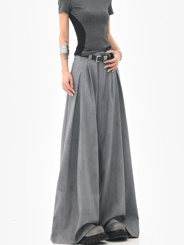 KEN STUDIO mùa hè mới màu xám quần âu ống rộng xếp ly quần âu nữ thẳng dáng rộng quần âu quần âu thường ngày