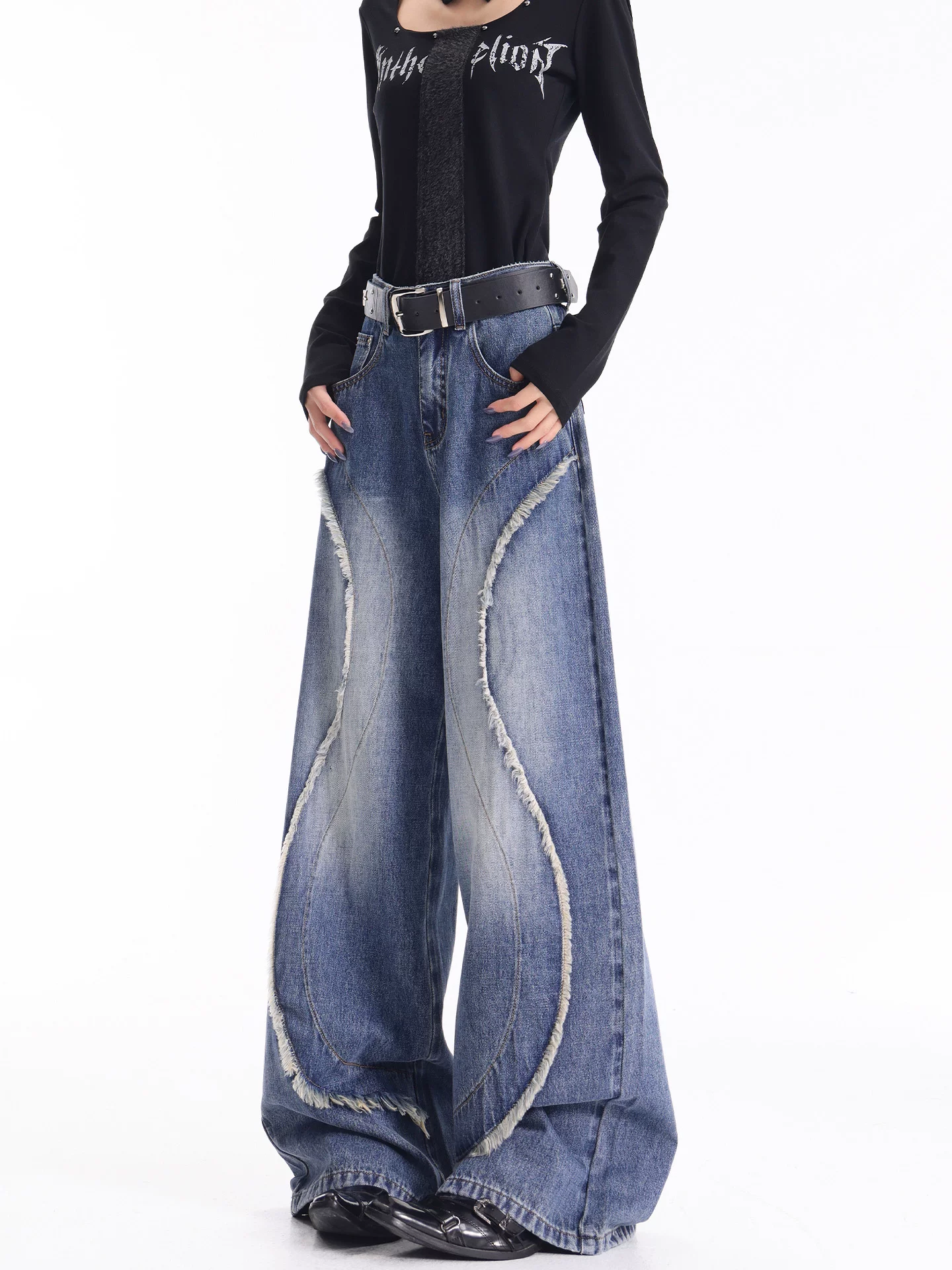 KEN STUDIO quần jean chắp vá viền tua rua cổ điển mới mùa thu đông dành cho nữ, quần cạp cao, dáng rộng, dáng suông, quần ống rộng, dài đến sàn