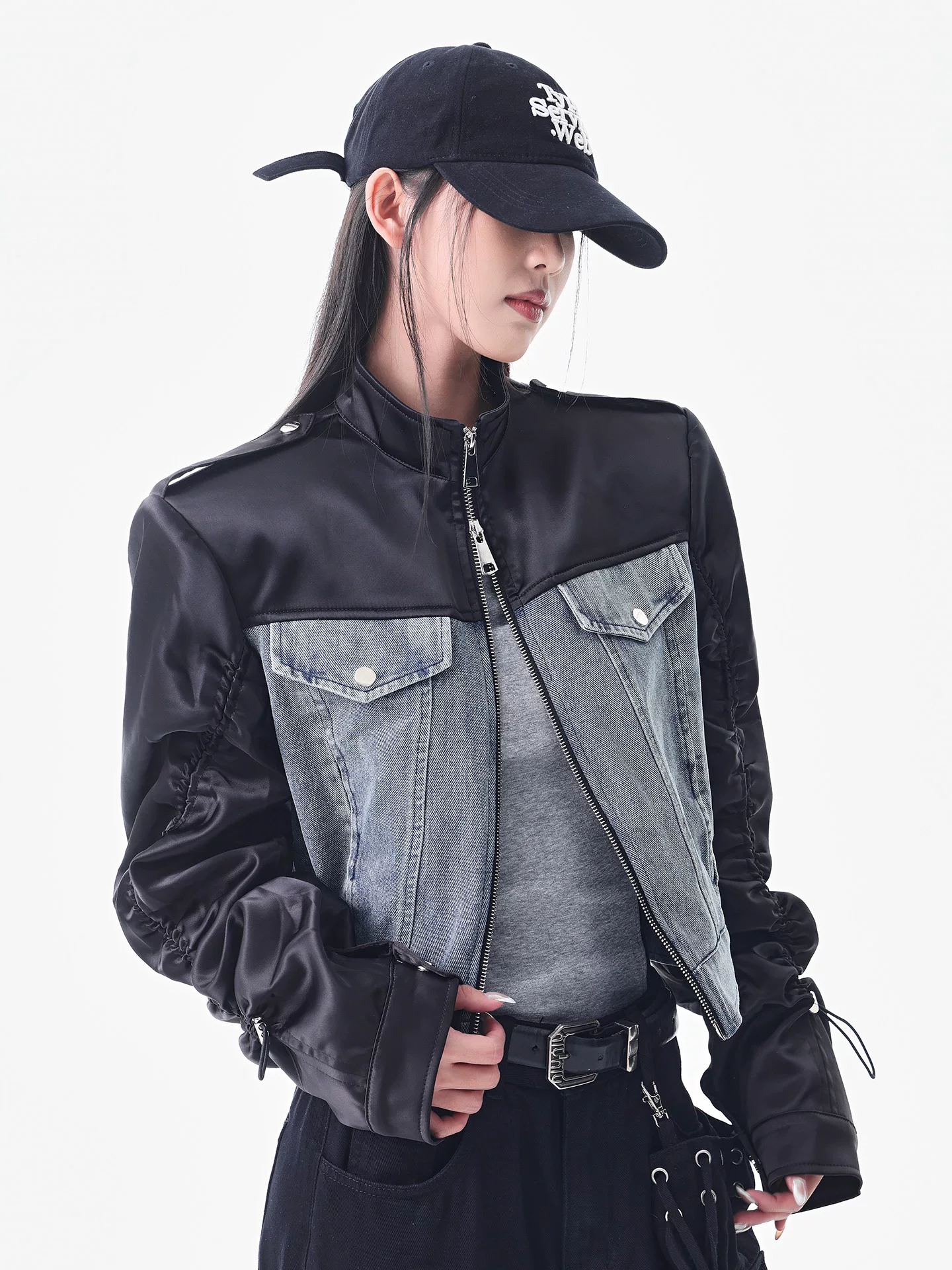 Áo khoác denim chắp vá mùa thu đông mới của KEN STUDIO dành cho nữ, áo khoác ngắn ôm dáng thời trang