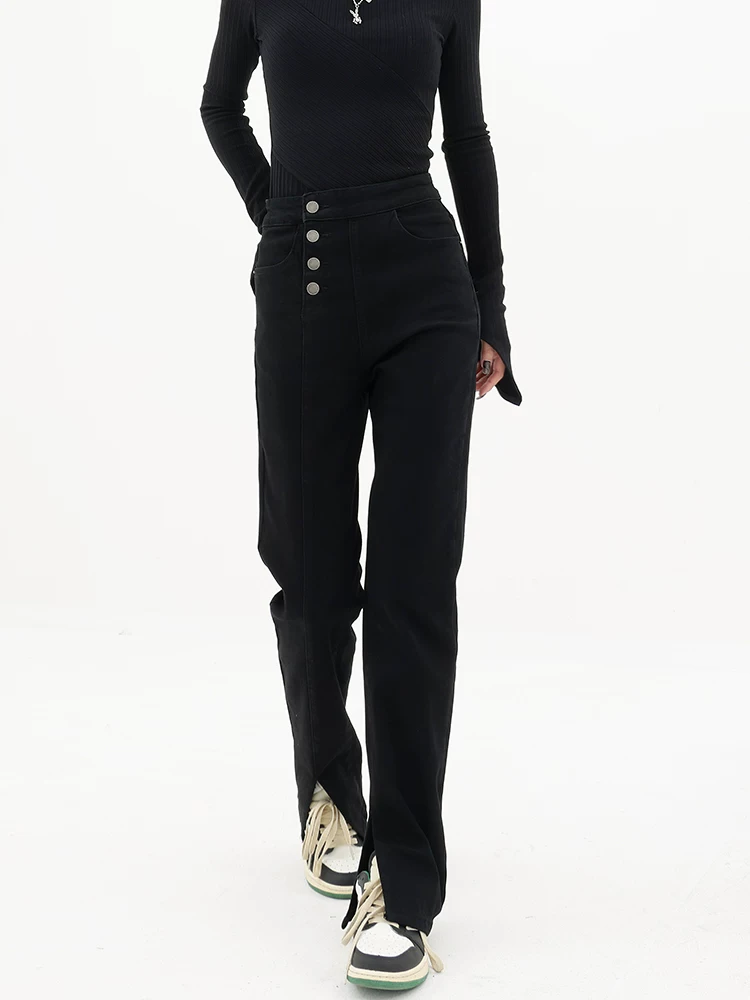 Quần jean ôm dáng màu đen của KEN STUDIO dành cho nữ, mùa thu đông, lót lông cừu, xẻ tà, hơi co giãn, lưng cao, quần skinny giảm béo