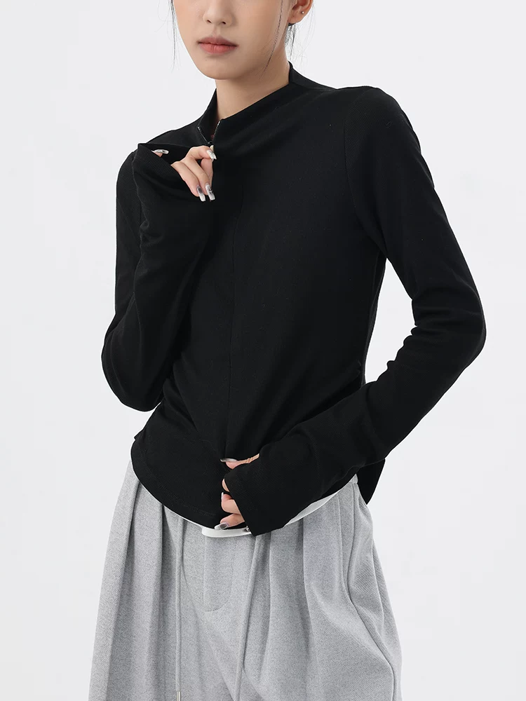 KEN STUDIO áo thun ngắn tay dài màu đen mới mùa xuân thu dành cho nữ với thiết kế giả hai mảnh, áo sơ mi cơ bản giúp giảm béo