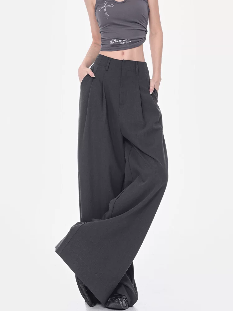 KEN STUDIO mùa hè phong cách mới quần tây xếp ly mỏng màu xám dành cho nữ quần tây xếp ly lưng cao dáng rộng quần ống rộng