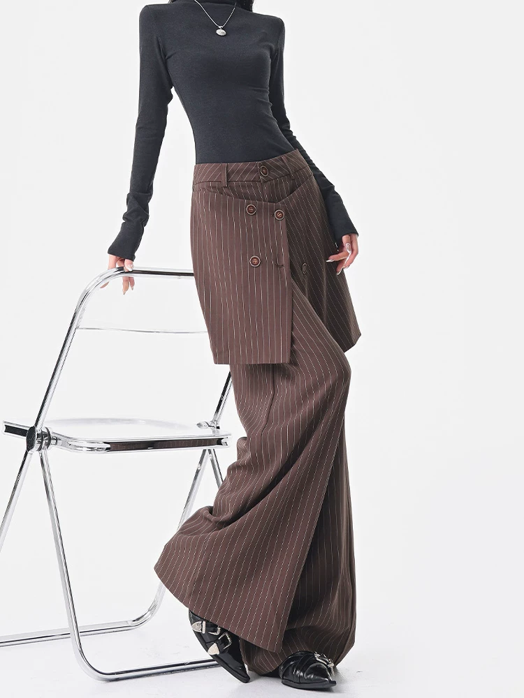 KEN STUDIO Quần dài xếp nếp sọc mùa hè và mùa thu mới dành cho nữ với thiết kế độc đáo quần ống rộng thẳng