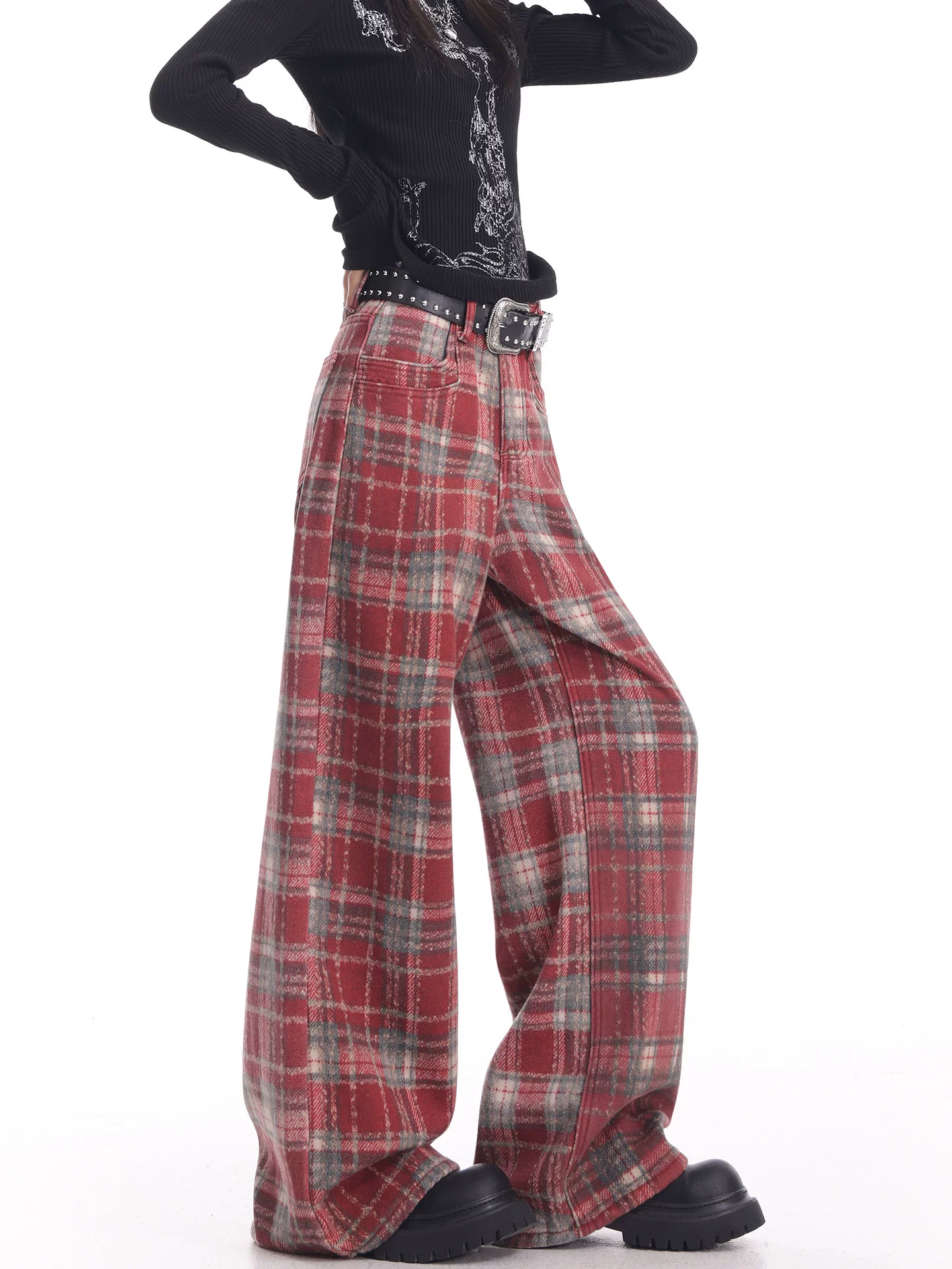KEN STUDIO quần jean kẻ sọc đỏ cổ điển mới mùa thu đông dành cho nữ, quần ống rộng dài đến sàn, lót lông cừu và dày dặn.