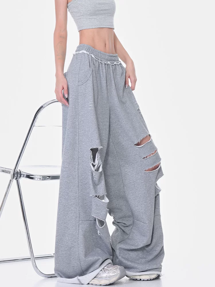 KEN STUDIO mùa hè phong cách mới quần thể thao xẻ tà màu xám quần thể thao dáng rộng lưng cao quần ống rộng cho nữ