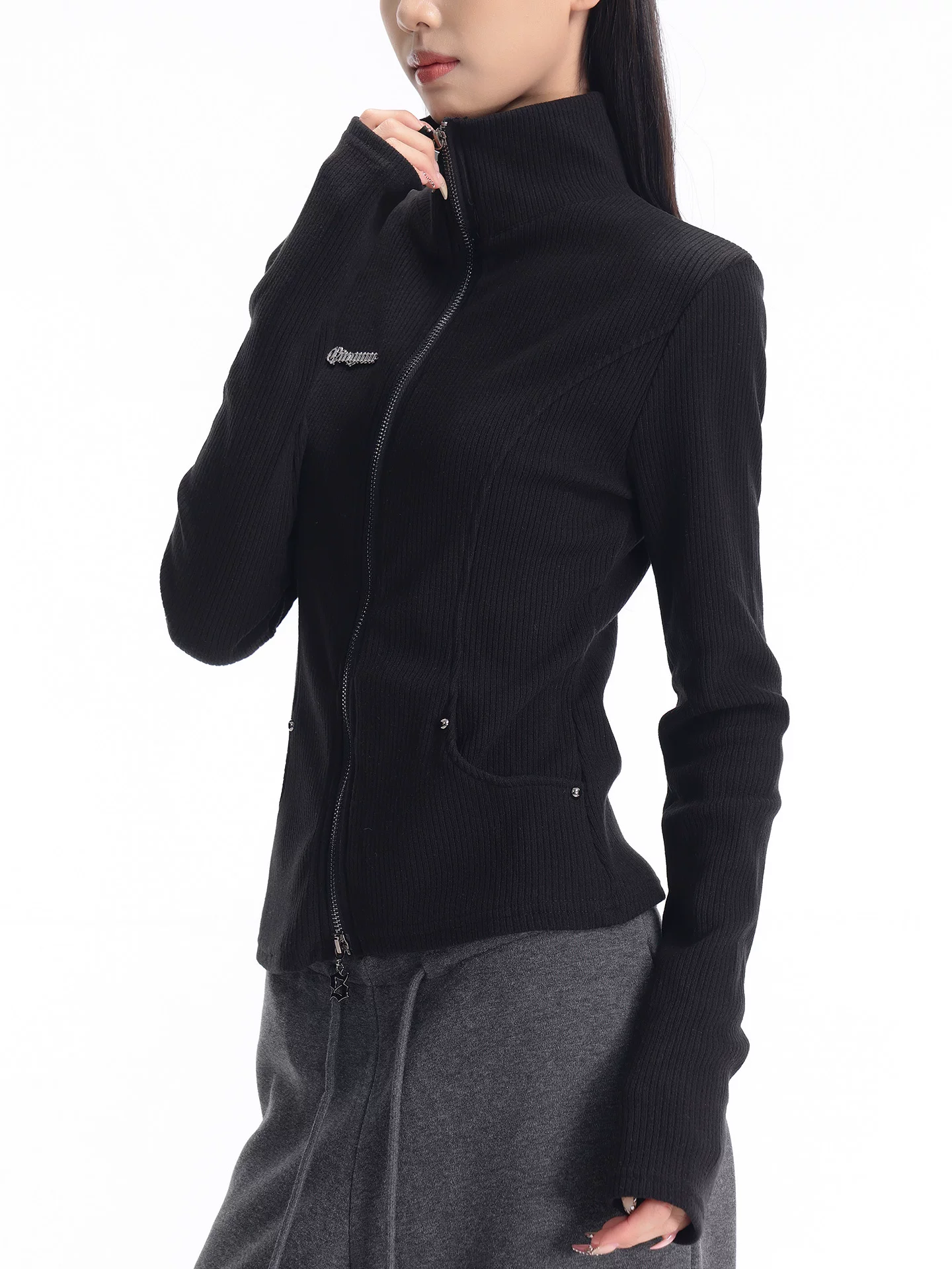 KEN STUDIO mùa thu đông mới phong cách Mỹ áo khoác cardigan dệt kim màu đen dành cho nữ dáng ôm vừa vặn áo dài tay sọc