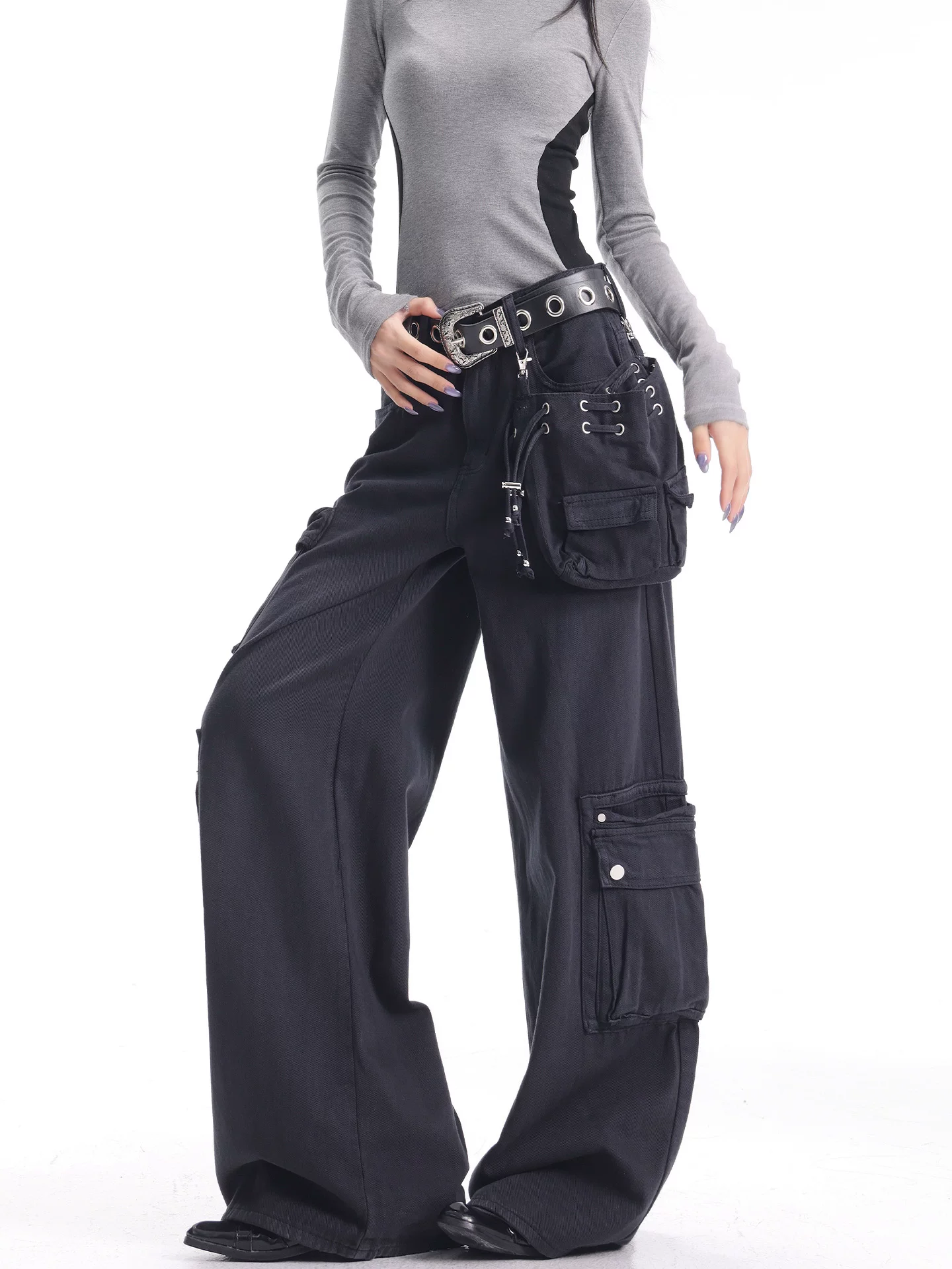 KEN STUDIO Xuân Thu Quần Cargo Đường Phố Cao Cấp Màu Xanh Hải Quân Mới Quần Cargo Nữ Nhiều Túi Quần Ống Rộng Quần Ống Rộng