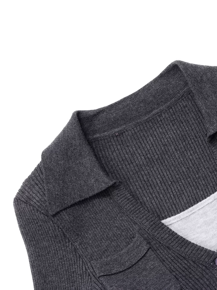 Áo len dệt kim giả hai mảnh màu xám của KEN STUDIO dành cho nữ, áo thun dài tay cổ polo dáng ôm mùa xuân thu, áo thun dài tay