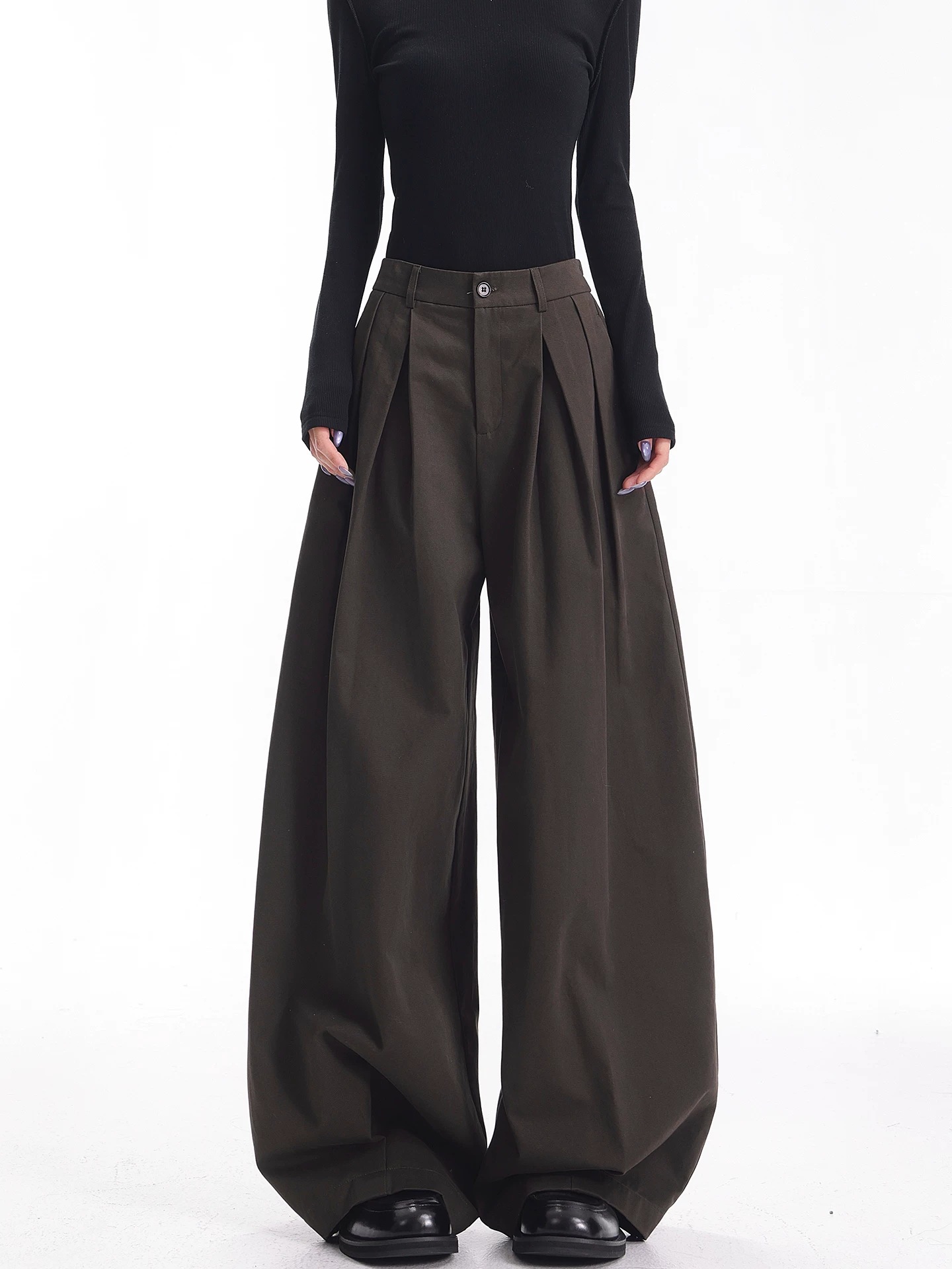 KEN STUDIO Quần tây ống rộng xếp ly màu cà phê mới thu đông dành cho nữ, quần dài dáng rộng, dáng rộng, đa năng, quần dài