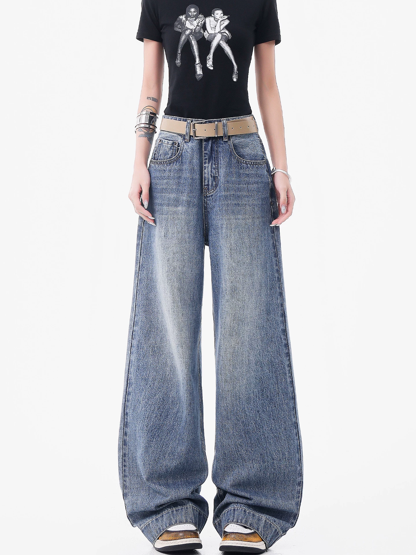 KEN STUDIO Quần jean ống rộng kiểu cổ điển của Mỹ dành cho nữ, quần ống đứng cạp cao mới giúp thon gọn mùa hè.