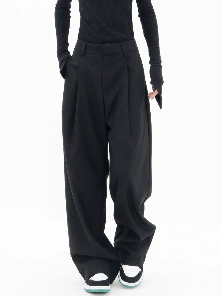 KEN STUDIO quần tây dày màu đen thu đông dành cho nữ, quần dáng suông, quần thường ngày, quần ống thẳng, quần công sở.