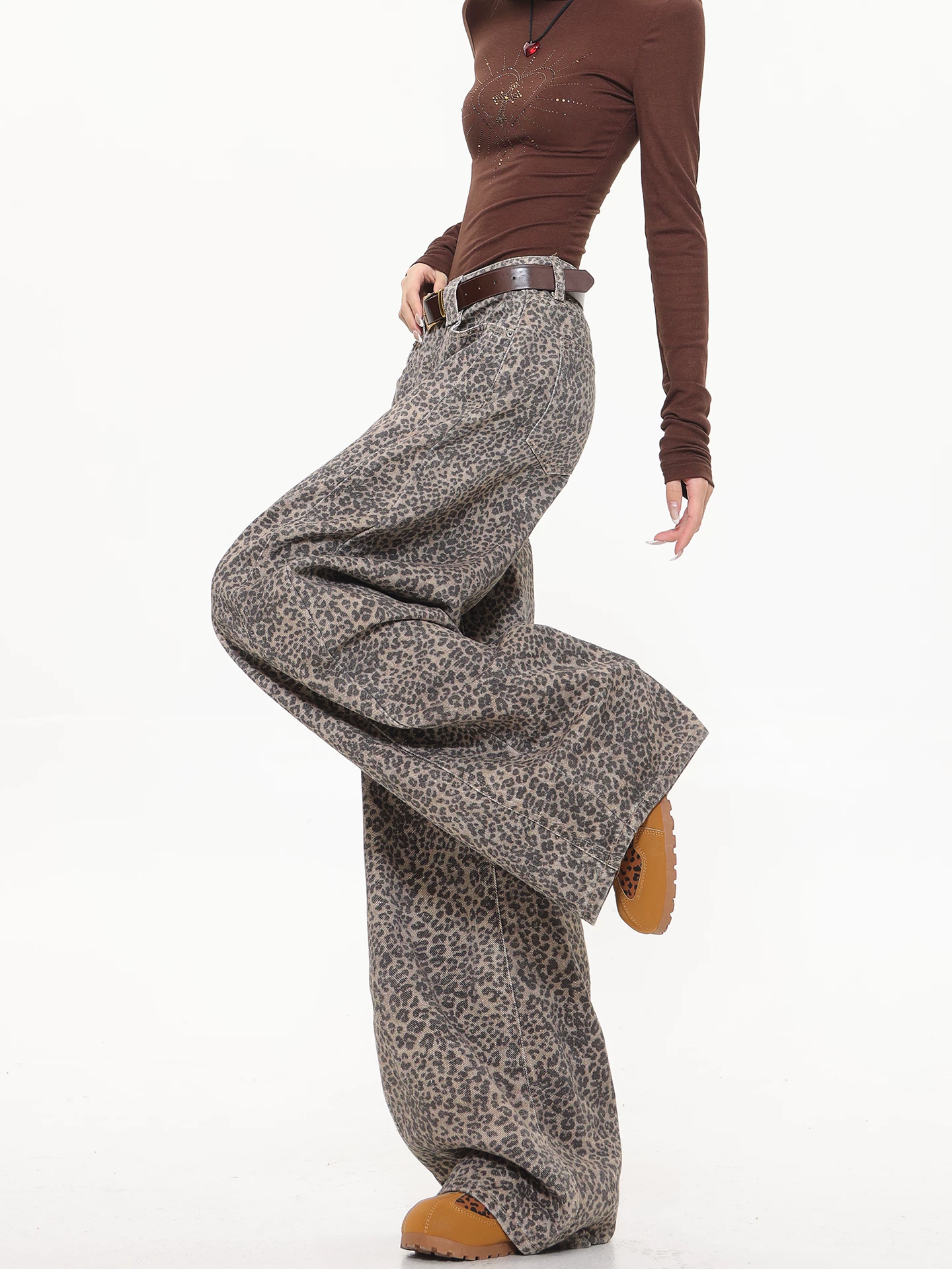 KEN STUDIO Xuân Thu Mới Vintage Họa Tiết Da Báo Scimitar Quần Jean Nữ Cao Cấp Hot Girl Harem Quần Chiều Dài Quần