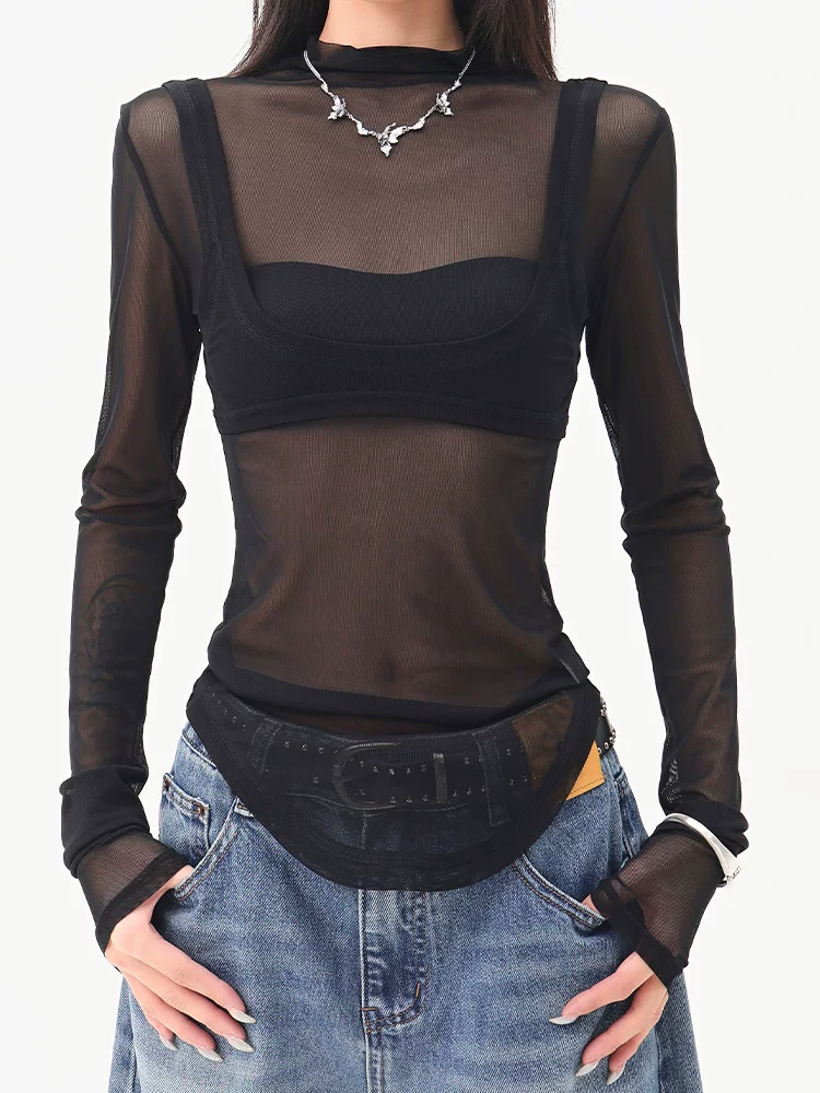 Áo thun dài tay giả hai mảnh phối lưới màu đen của KEN STUDIO dành cho nữ, áo dáng ôm vừa vặn mùa hè mới