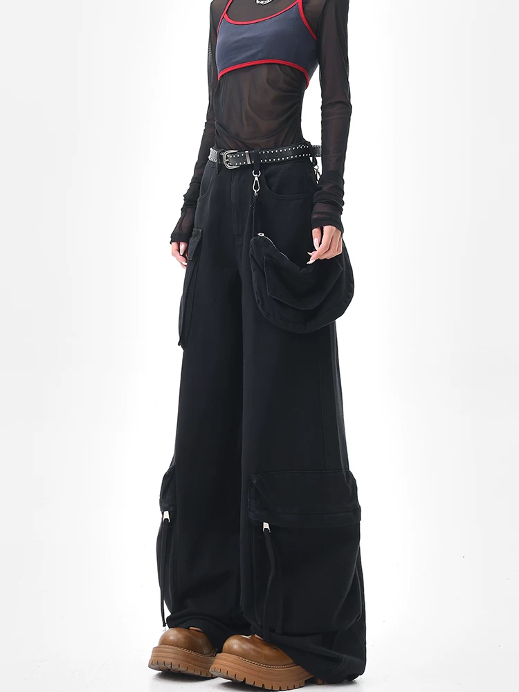 KEN STUDIO Quần jean công sở màu đen phong cách Mỹ dành cho nữ, quần ống rộng thẳng nhiều túi mùa hè mới