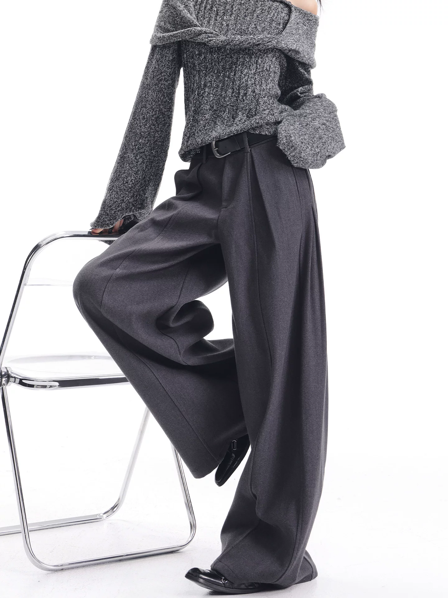 KEN STUDIO Quần vest dày màu xám nhạt mới dành cho nữ mùa thu đông, chất liệu len, dáng rộng, tôn dáng, ống rộng, quần dài đến sàn.