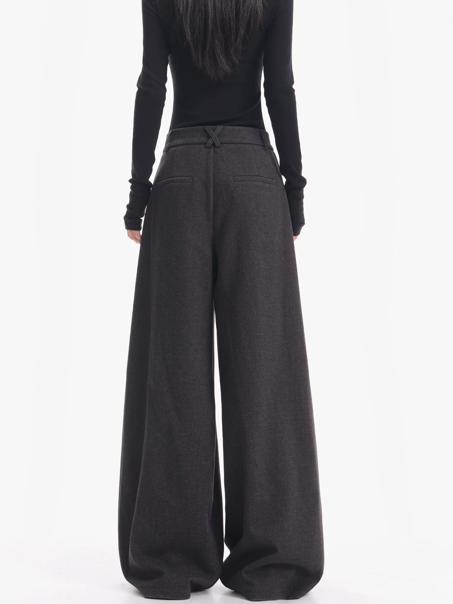 KEN STUDIO Quần tây ống rộng bằng len dày màu xám mới dành cho nữ mùa thu đông, quần dài dáng rộng và tôn dáng