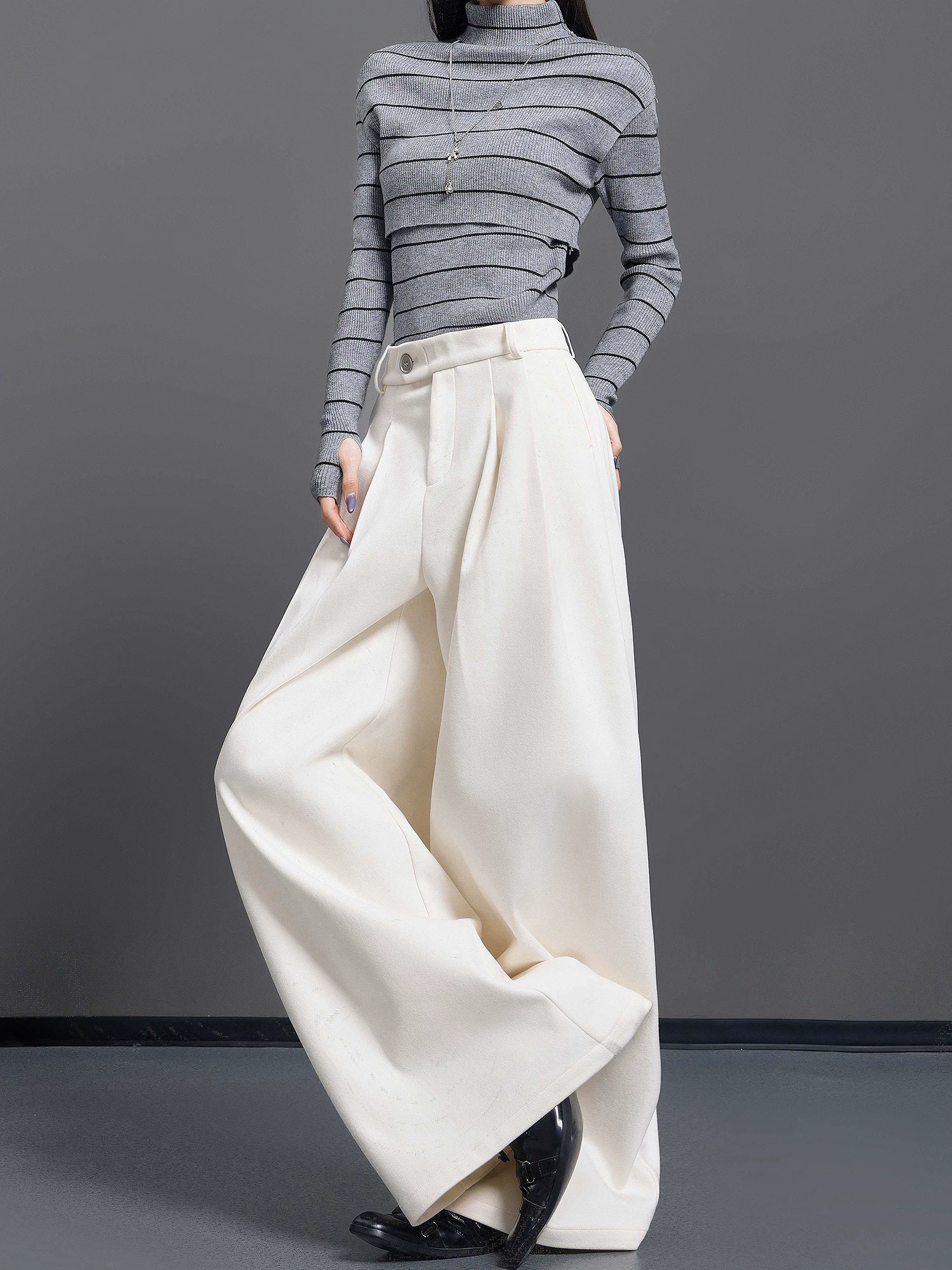 KEN STUDIO Quần tây len dày màu be mới thu đông dành cho nữ, quần ống rộng xếp ly đa năng