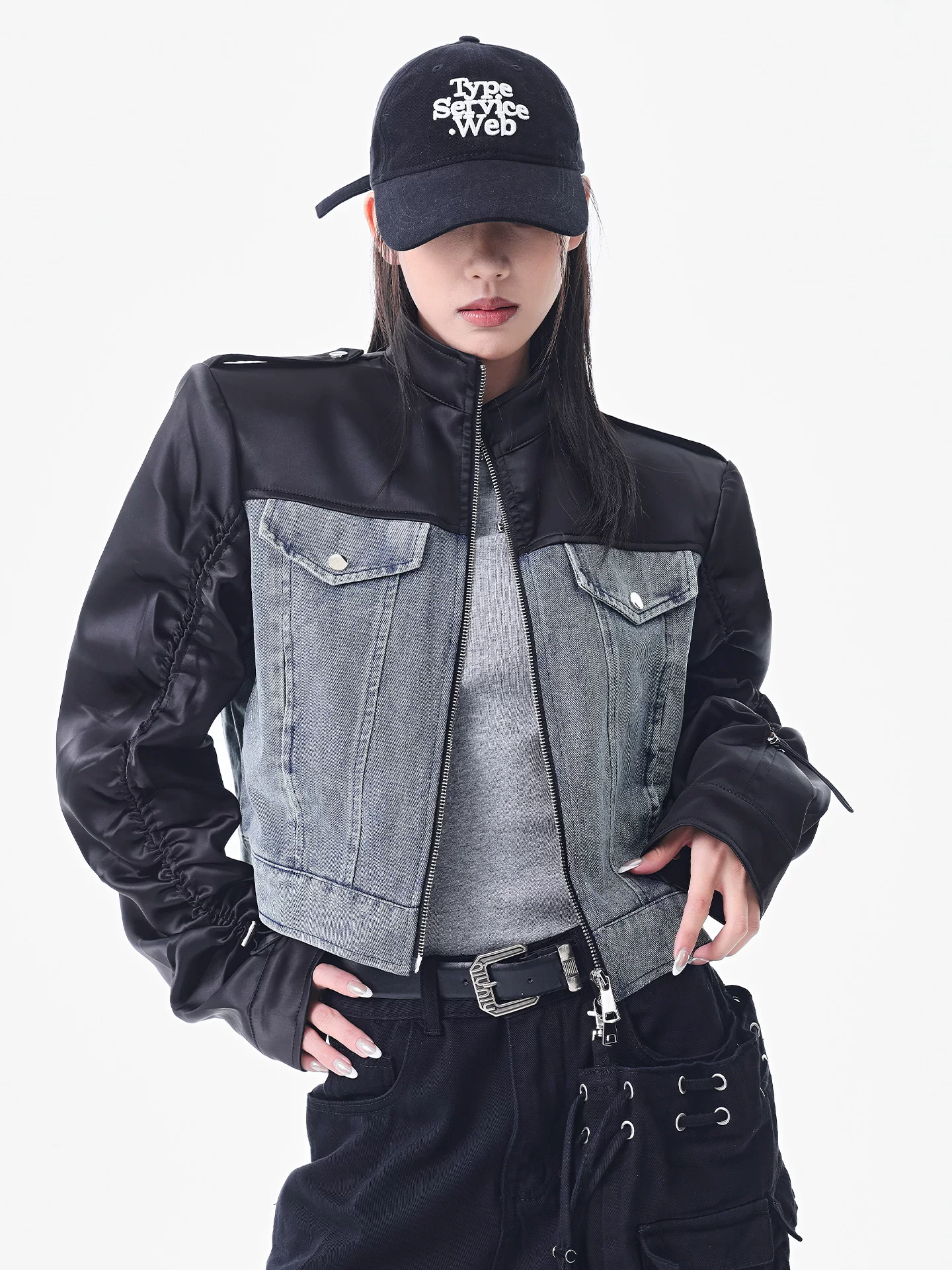 Áo khoác denim chắp vá mùa thu đông mới của KEN STUDIO dành cho nữ, áo khoác ngắn ôm dáng thời trang