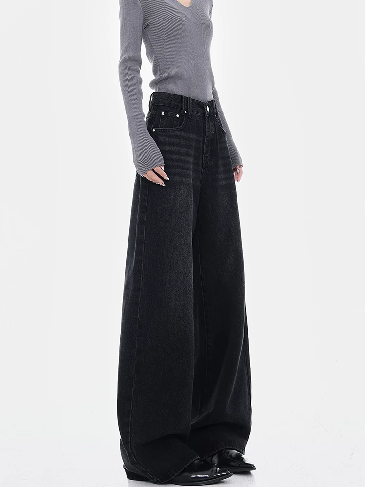 KEN STUDIO2025 Xuân Thu Mới Quần Jean Thẳng Màu Đen Giặt Mềm Nữ Quần Ống Rộng Đa Năng Thường Ngày
