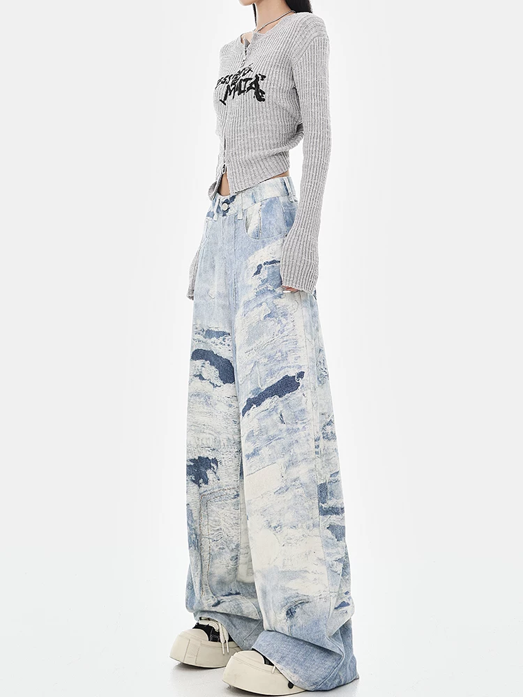 Quần jean ống rộng lưng cao thiết kế nhuộm màu tie-dye phong cách đường phố Mỹ, lót lông cừu, mùa thu đông, thương hiệu KEN STUDIO dành cho nữ