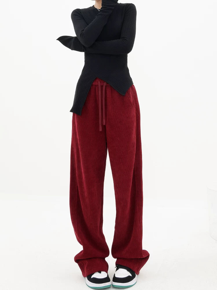 Quần dài ống rộng bằng vải nhung KEN STUDIO dành cho nữ, quần thể thao dáng rộng có dây rút dáng rộng mùa thu đông.