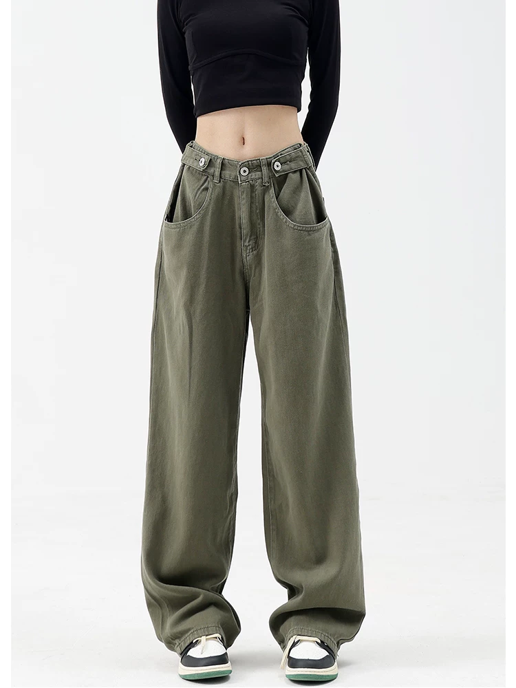 KEN STUDIO Quần jean cổ điển lót lông mùa thu đông dành cho nữ, quần ống rộng lưng thấp, quần ống rộng, quần thường ngày.