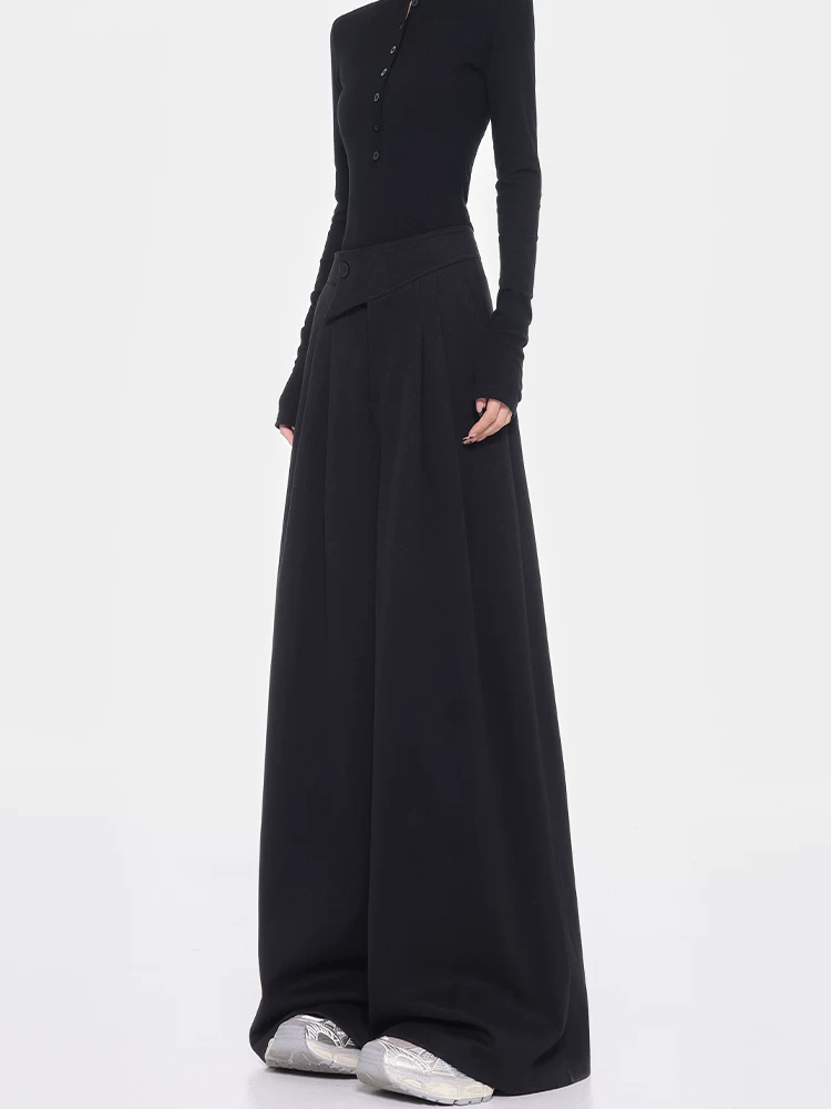 KEN STUDIO Quần tây ống rộng dày dặn lưng cao thu đông mới dành cho nữ với thiết kế khuy chéo quần ống đứng kiểu dáng đơn giản