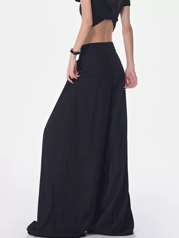 KEN STUDIO quần dài buộc dây chéo màu đen mới mùa xuân hè dành cho nữ, quần ống rộng lưng cao dáng rộng dài đến sàn