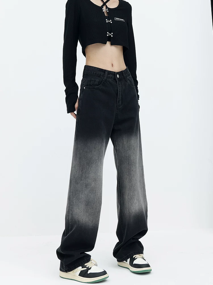 KEN STUDIO Quần jean ống đứng màu đen pha màu mùa xuân và mùa thu dành cho nữ Quần ống rộng đa năng giảm béo lưng cao