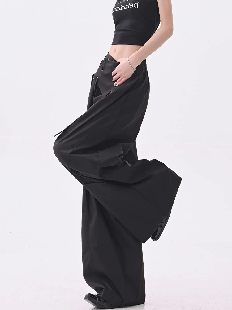 KEN STUDIO quần âu thiết kế dây ruy băng màu đen dành cho nữ, quần ống rộng lưng cao đa năng mùa hè