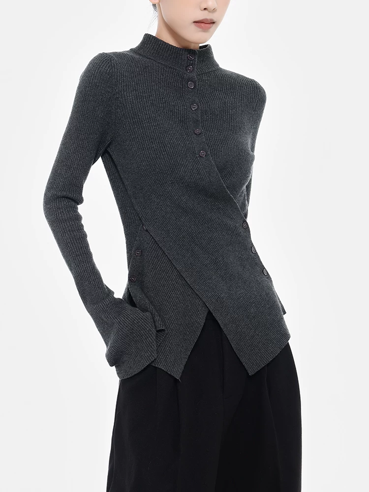 KEN STUDIO thiết kế cao cấp áo dệt kim cổ cao nửa cổ bất đối xứng dành cho nữ, áo dáng ôm vừa vặn mới mùa thu đông