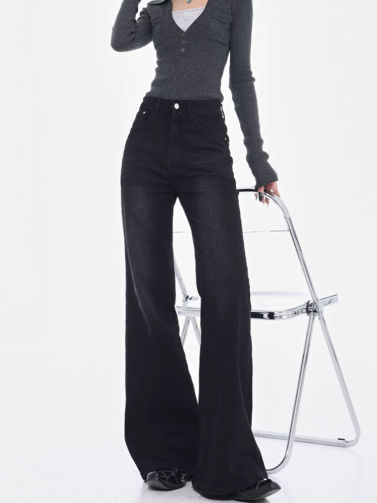 KEN STUDIO Xuân Thu Quần Jean ống loe màu đen mới dành cho nữ, Quần thun lưng cao co giãn giảm béo Hot Girl Quần đáy chuông