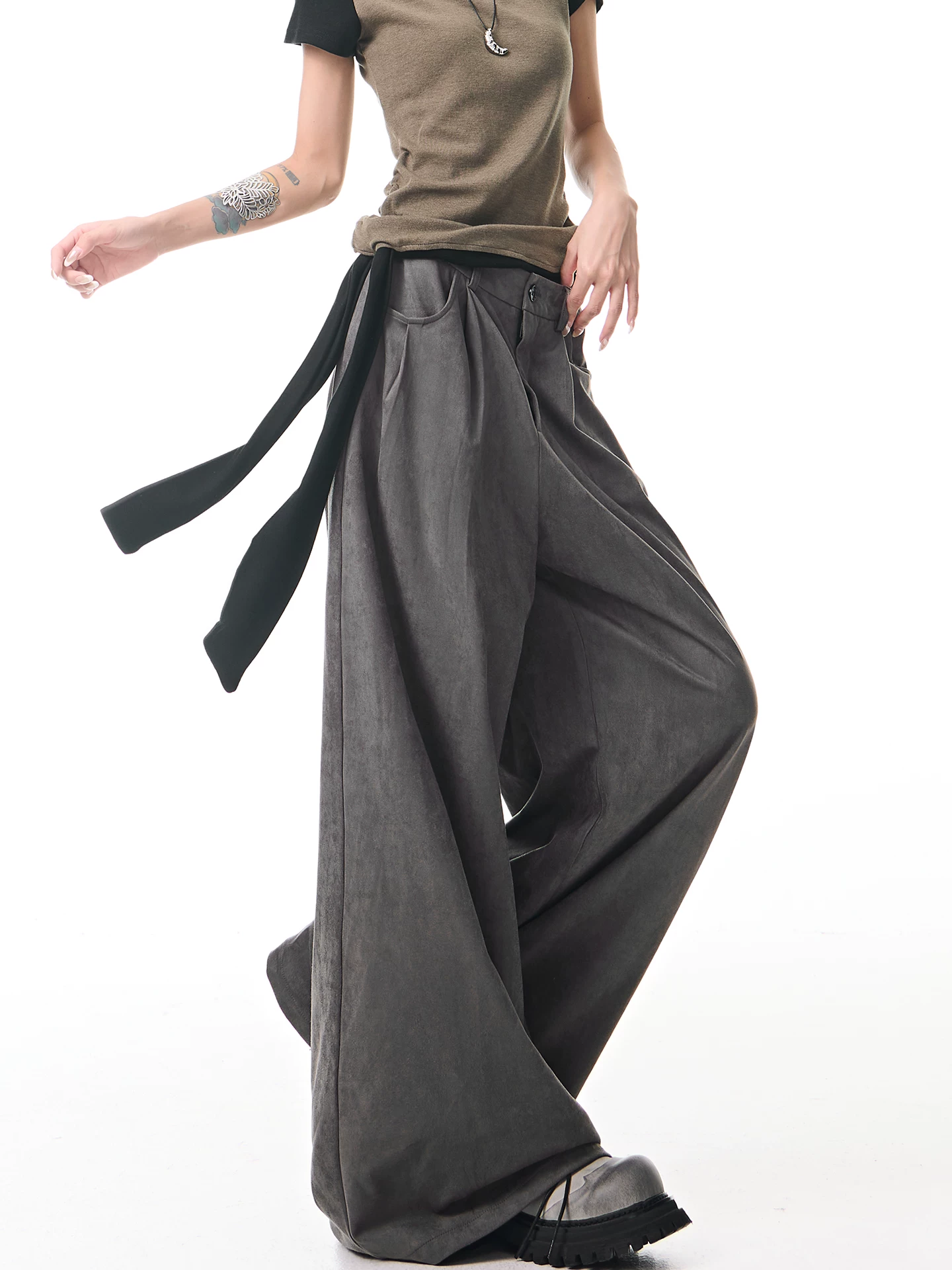 KEN STUDIO Quần tây ống rộng da lộn màu xám thu đông mới dành cho nữ, quần cạp cao, dáng rộng, quần thường ngày giúp giảm béo