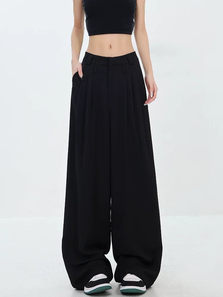 Quần âu nữ KEN STUDIO2025 Xuân Thu mới màu đen dáng thẳng, xếp ly, cạp cao, rộng rãi, tôn dáng, phong cách thường ngày