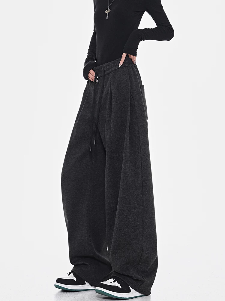 KEN STUDIO quần dài ống đứng có dây rút dày màu đen mùa thu đông dành cho nữ, quần thể thao dáng rộng, quần thể thao