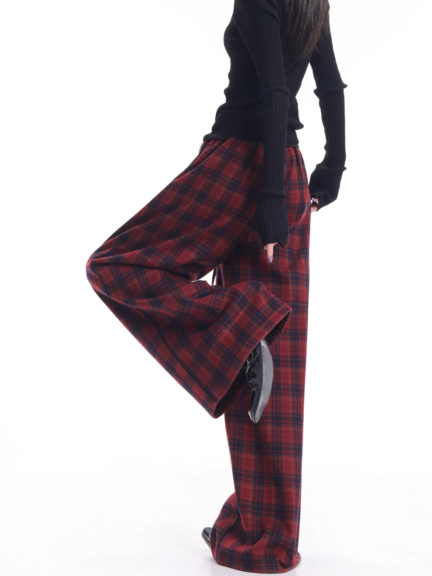 KEN STUDIO Quần kẻ sọc dày lót lông cừu màu đỏ thu đông mới dành cho nữ có eo co giãn và quần ống rộng bằng vải chắp vá