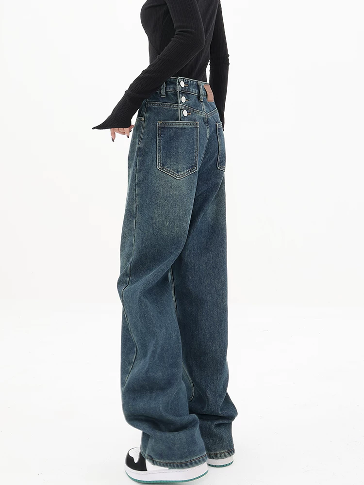 Quần jeans ống rộng màu xanh retro lót lông cừu mùa thu đông KEN STUDIO2025 dành cho nữ, kiểu dáng thẳng, rộng rãi, thoải mái