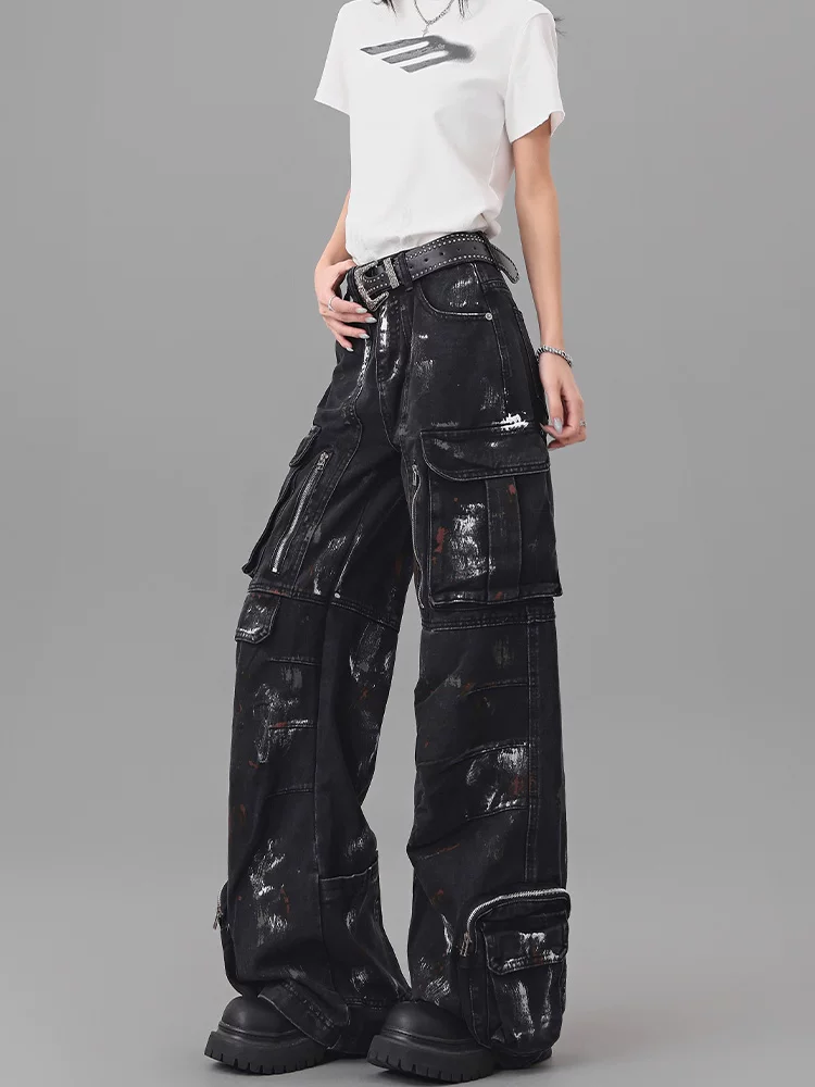 KEN STUDIO Quần jean nhiều túi sơn dày kiểu Mỹ dành cho nữ, quần công sở ống rộng màu đen cổ điển mùa hè