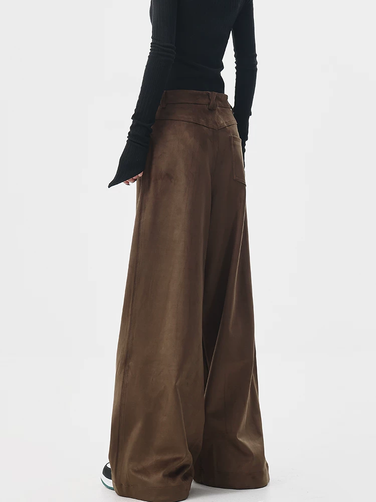 KEN STUDIO Melard Trang phục Thu Đông Da lộn dày màu cà phê Quần âu nữ dài đến sàn Quần ống rộng