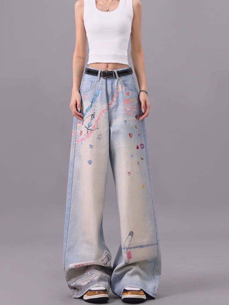 Quần jean ống đứng in họa tiết graffiti đầy màu sắc của KEN STUDIO dành cho nữ, phong cách mùa hè mới, dáng rộng, tôn dáng, quần dài ngang sàn.