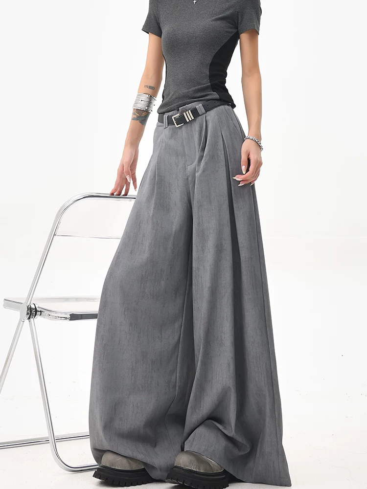 KEN STUDIO mùa hè mới màu xám quần âu ống rộng xếp ly quần âu nữ thẳng dáng rộng quần âu quần âu thường ngày