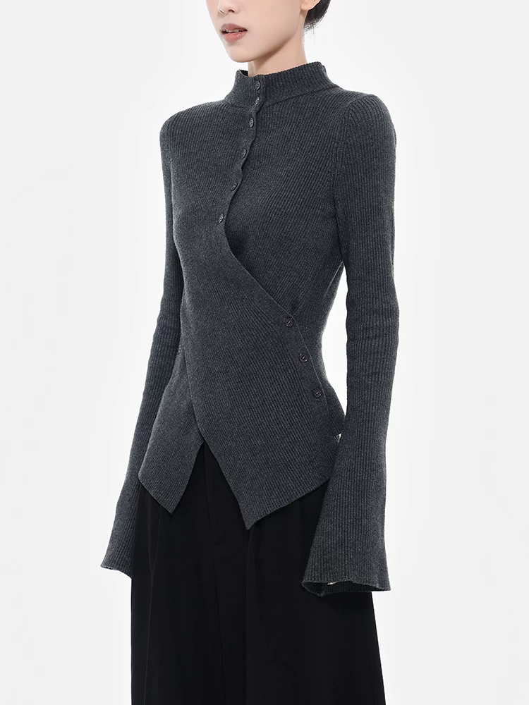 KEN STUDIO thiết kế cao cấp áo dệt kim cổ cao nửa cổ bất đối xứng dành cho nữ, áo dáng ôm vừa vặn mới mùa thu đông