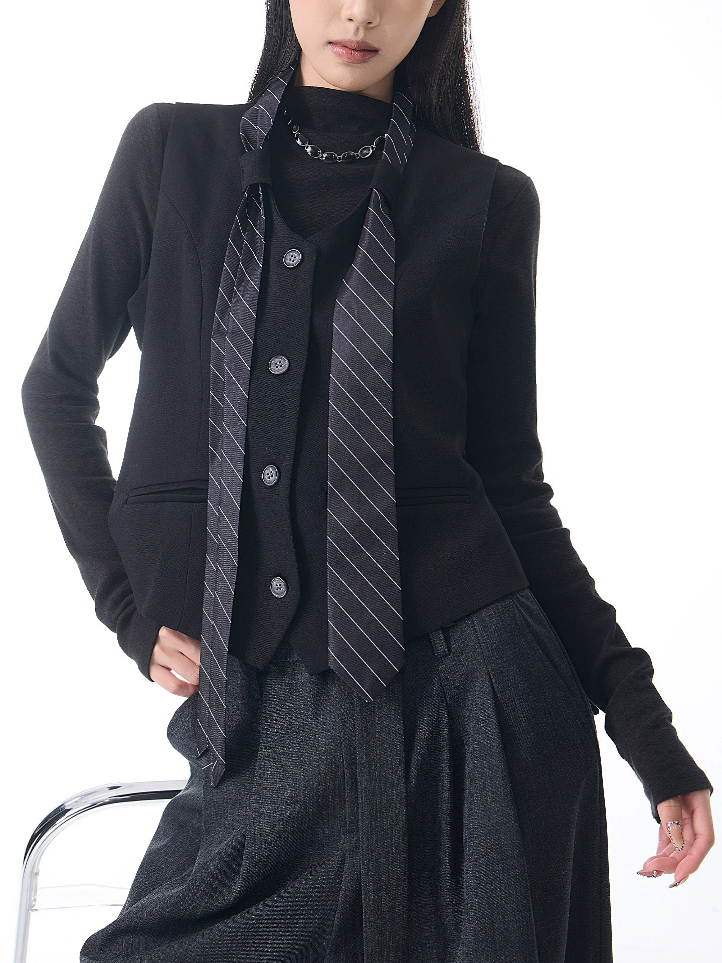 KEN STUDIO Xuân Thu Mới Màu Đen Không Tay Phù Hợp Với Áo Vest Nữ Cổ Chữ V Sọc Thắt Nơ Slim Fit Áo Vest Áo Khoác