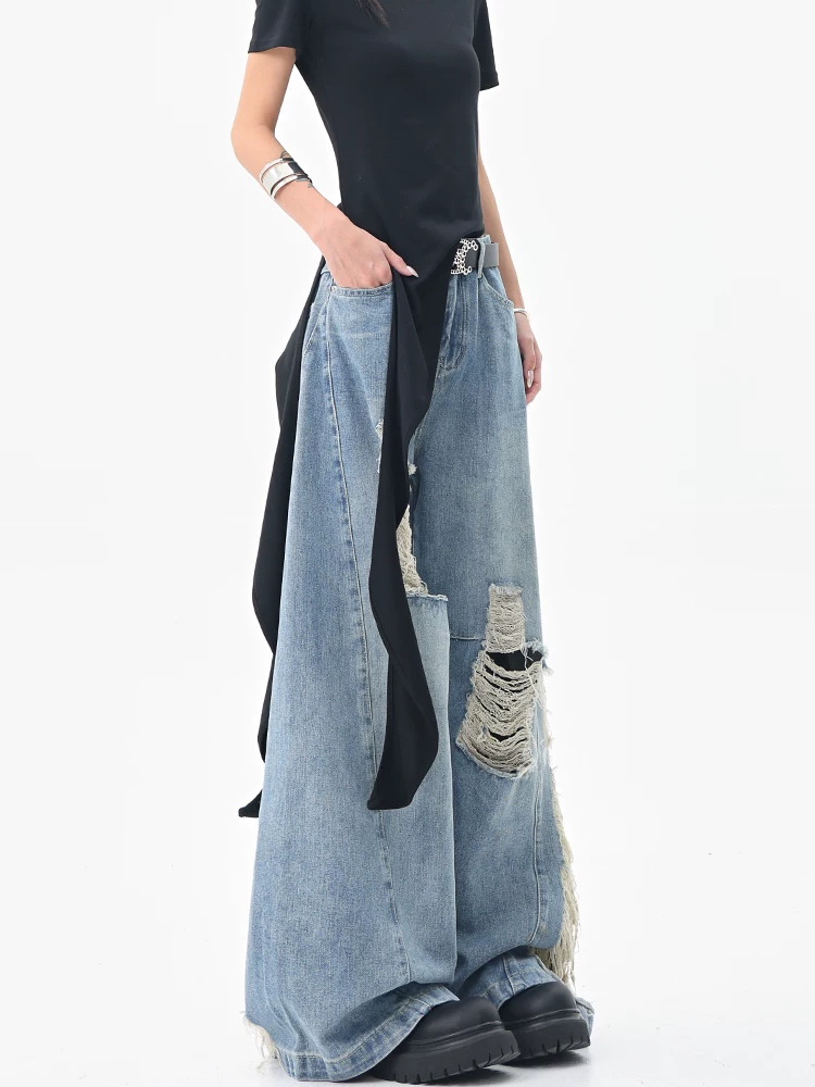 KEN STUDIO quần jean ống rộng kiểu cổ điển mùa hè mới quần dài thẳng lưng cao dáng rộng