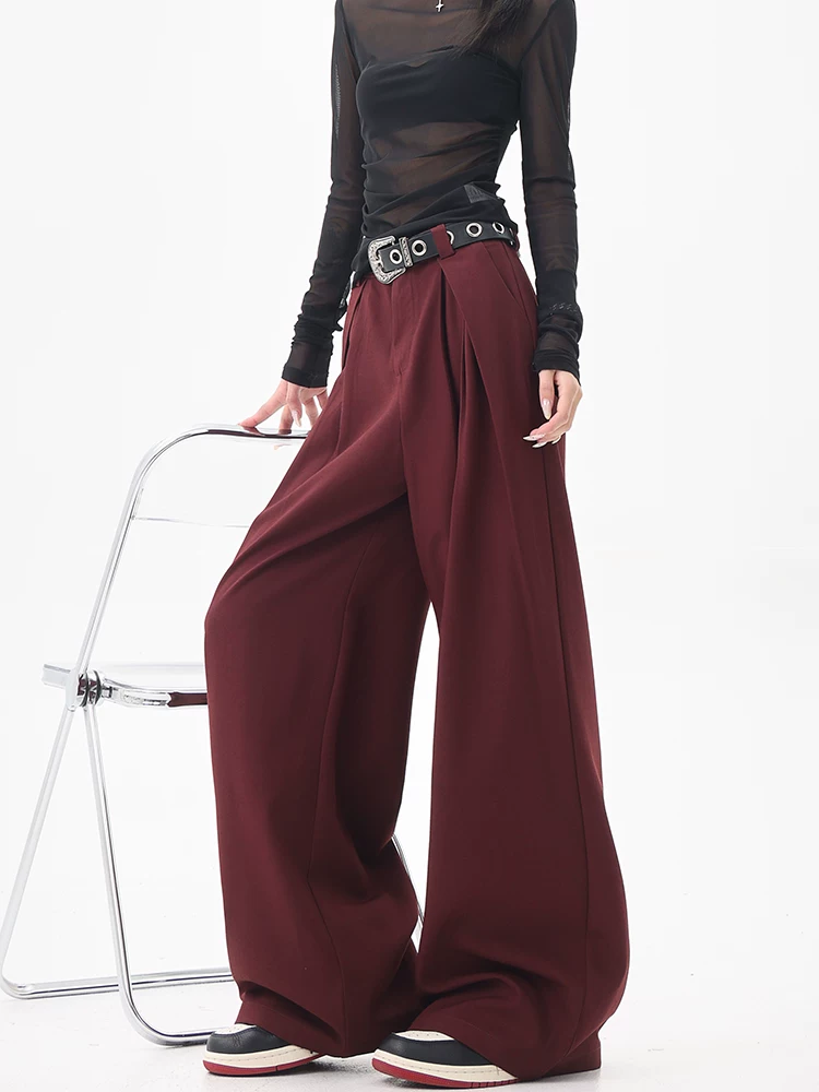 Quần tây ống rộng xếp ly cao cấp màu đỏ tía của KEN STUDIO dành cho nữ, quần âu dáng rộng lưng cao mùa hè mới