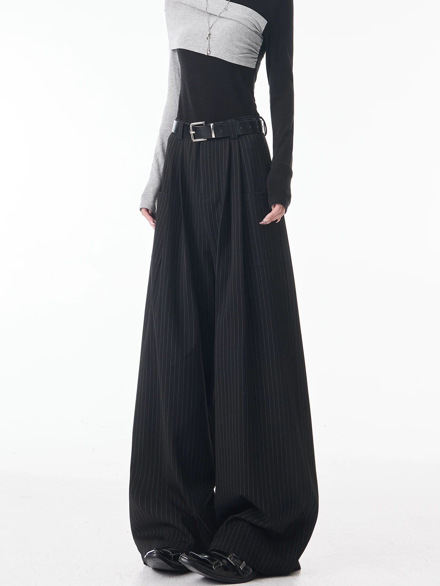 KEN STUDIO Xuân Thu Mới Quần Âu Sọc Đen Ống Rộng Cho Nữ Quần Âu Cạp Cao Draping Giảm Béo Quần Âu