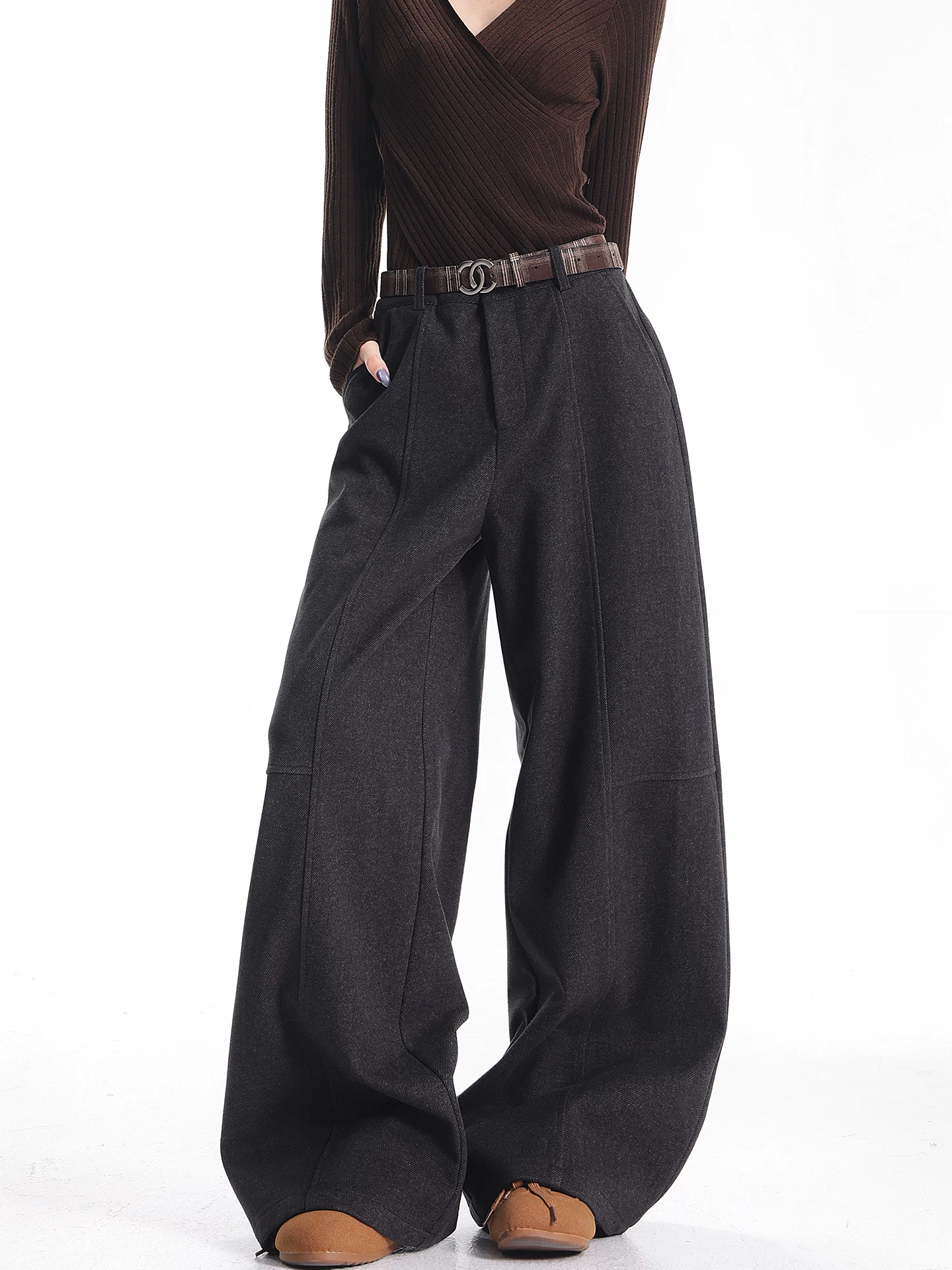 KEN STUDIO Quần âu ống rộng bằng len màu xám thu đông mới dành cho nữ, dáng rộng và đa năng, quần dài dày, quần dài