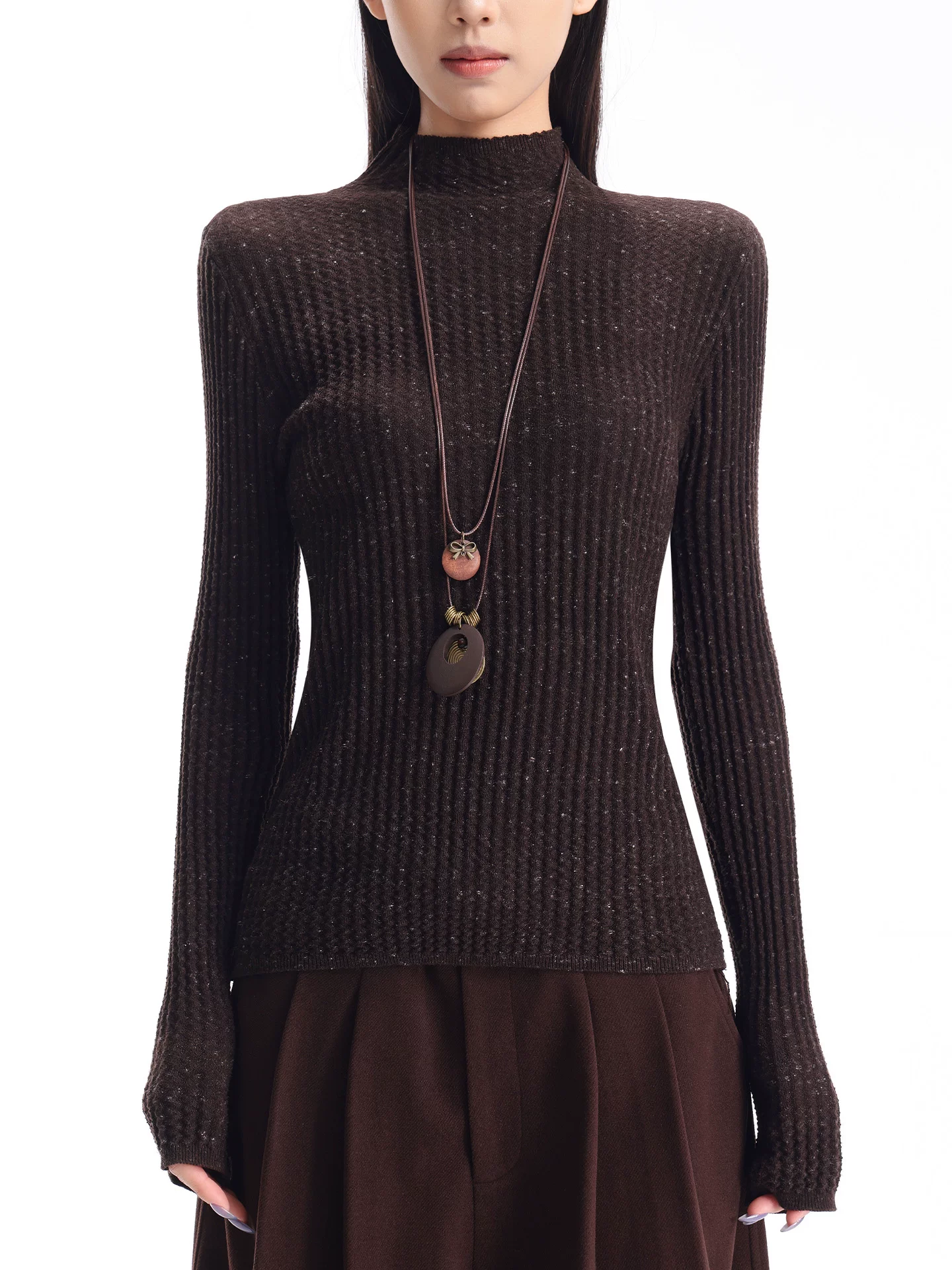 KEN STUDIO Áo len dệt kim dài tay cổ lọ kiểu cổ điển thu đông mới dành cho nữ, dáng ôm, áo nửa cổ lọ