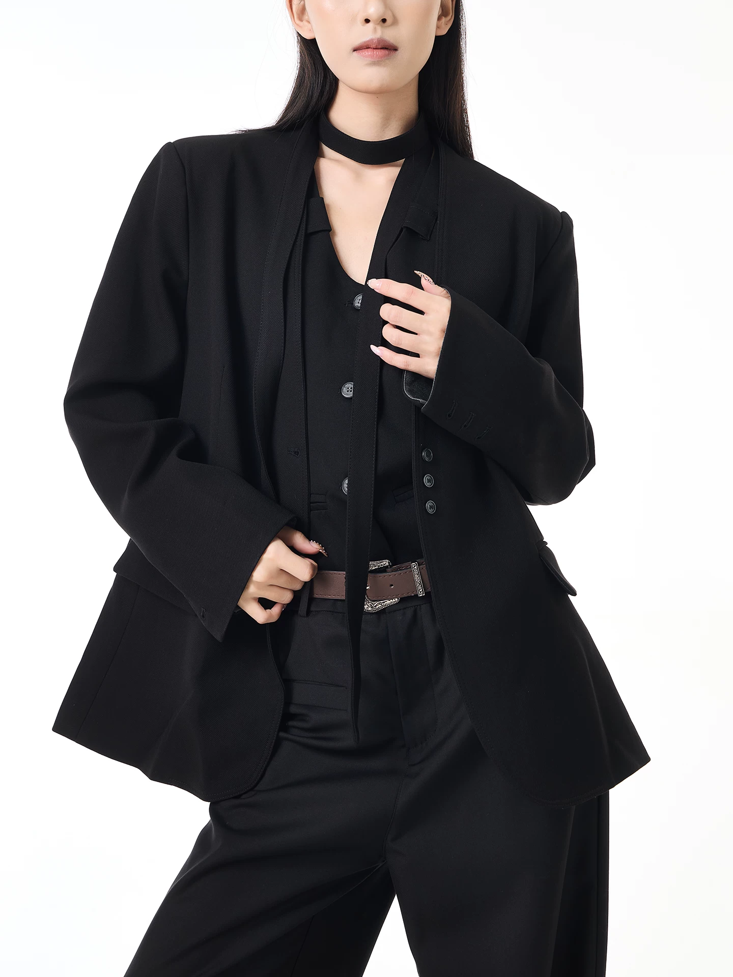 KEN STUDIO Áo blazer buộc dây màu đen mùa thu mới dành cho nữ, bộ vest cao cấp dáng rộng cổ chữ V một nút